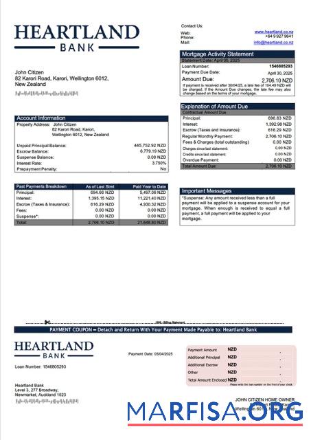 Downloadable New Zealand Heartland Bank mortgage statement Word and PDF template